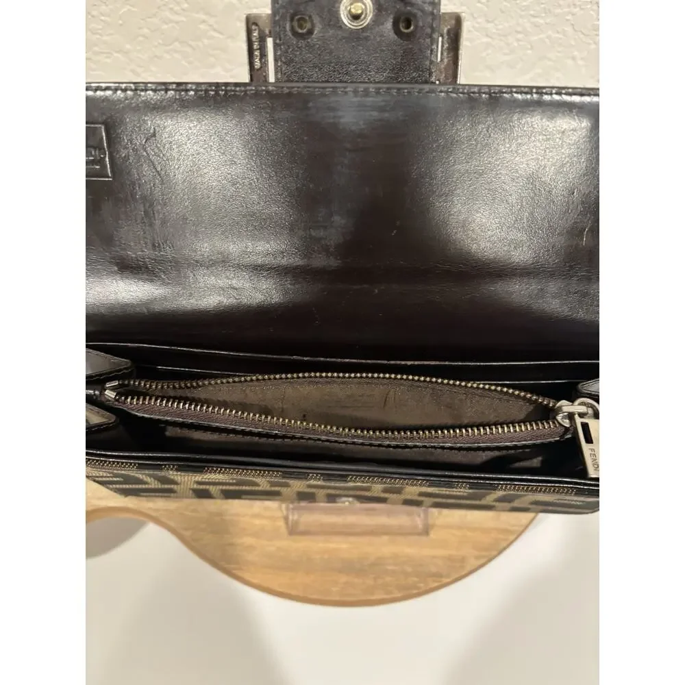 Fendi FF Zucca Logo Long Clutch Flap Wallet Credit Card Zipper Brown Black